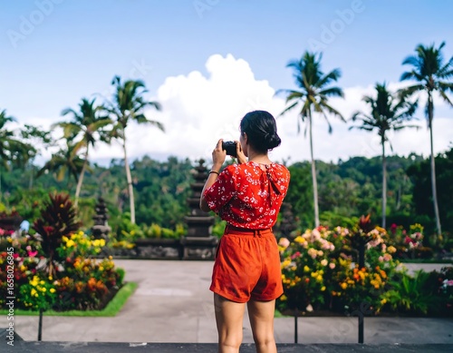 Woman taking photo in tropical garden (1)