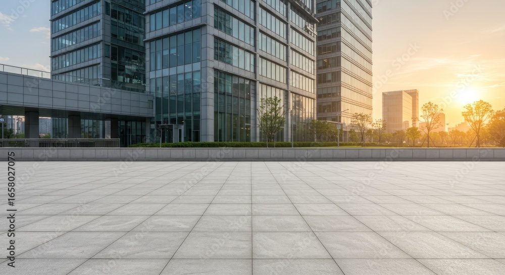custom made wallpaper toronto digitalModern buildings rise behind tiled terrace under warm sun and blue sky