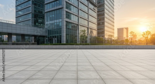 Modern buildings rise behind tiled terrace under warm sun and blue sky