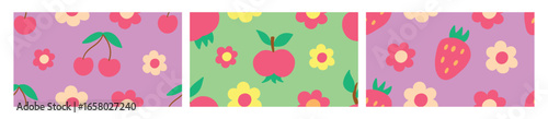 set of minimalistic patterns. Pattern with apple, cherry, strawberry. Seamless doodle background.  seamless doodle. Minimalistic background  for kids