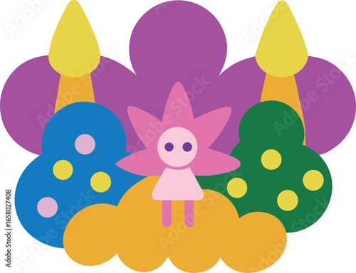 Cartoon magical forest with fairies in colorful scenery Vector illustration
