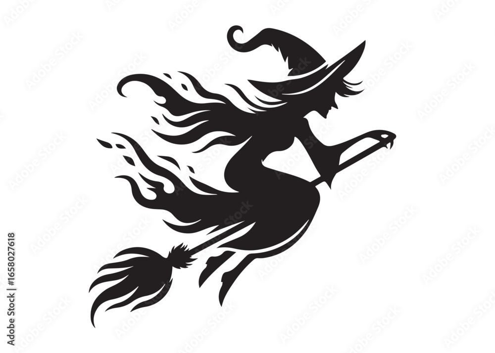 Fototapeta premium flying witch logo silhouette vector, witch on broom logo vector silhouette illustration, flying witch silhouette design, halloween flying witch on broom logo silhouette vector on white background