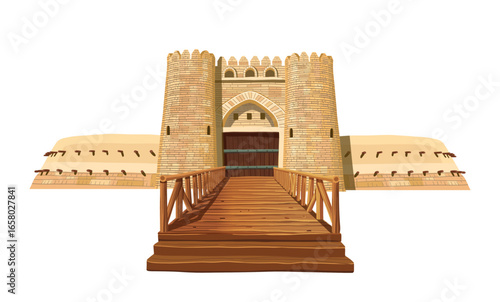 Castle fortress Sauran. Ancient fortress with towers and defensive supports on a white background. Entrance to the settlement of Sauran. Medieval architecture.