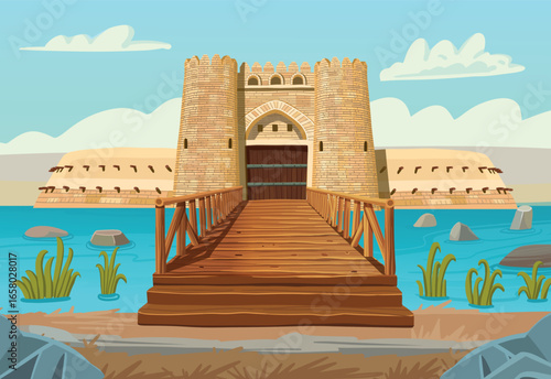 Castle fortress Sauran. Ancient fortress with towers and defensive supports on a white background. Entrance to the settlement of Sauran. Medieval architecture.