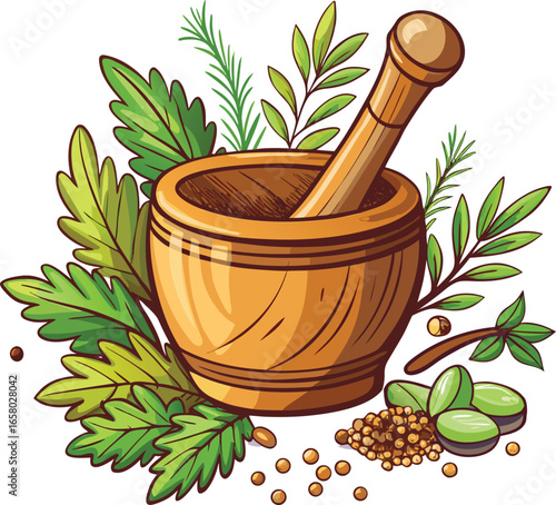 Spooky Crystal Elements Wooden Mortar Herbs Spices Illustration