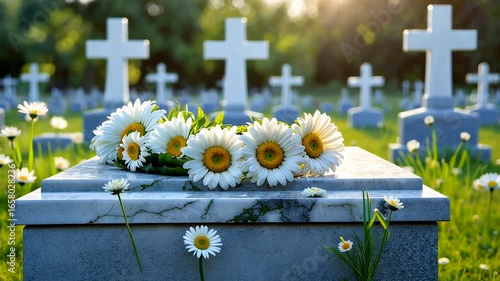 White crosses and fresh daisies placed on a grave in a peaceful cemetery during sunny afternoon memorial service