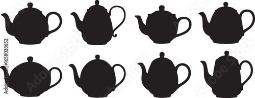 Set of tea kettle and teapot vector illustration silhouettes on white background. Tea kettle and coffee cups icon set