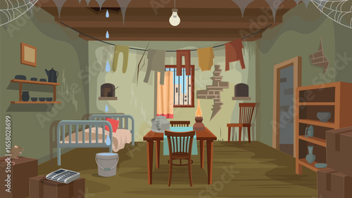 Poor house. Slums. Village room interior with bed. table and wardrobe