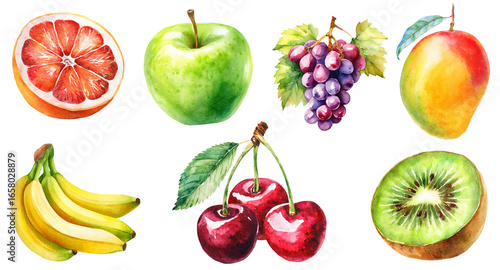 Set of fruits and berries isolated on transparent background. Warecolor illustration. Grapefruit, apple, grapes, mango, bananas, cherry, kiwi