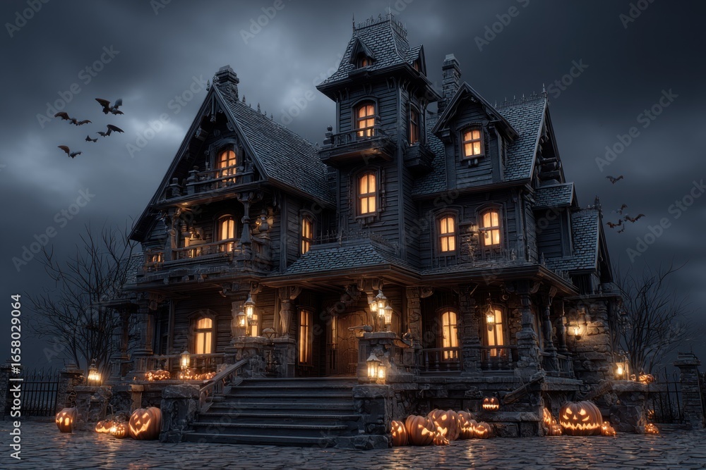 Obraz premium A haunted house stands ominously with dark clouds overhead, lanterns lighting its entrance and carved pumpkins scattered around