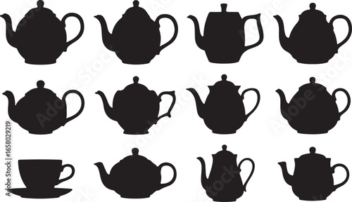 Set of tea kettle and teapot vector illustration silhouettes on white background. Tea kettle and coffee cups icon set