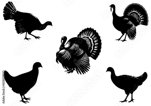 Turkey Silhouettes in Motion, A collection of five turkey silhouettes in varied poses.