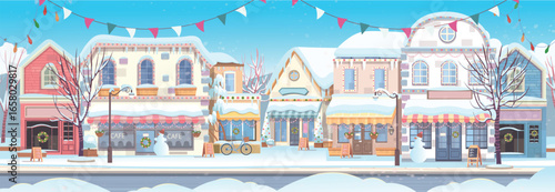 Christmas Winter City. Panorama city in winter. Panorama street with houses, shops, cafes and trees. Cozy street in flat cartoon style. The street is decorated for Christmas.