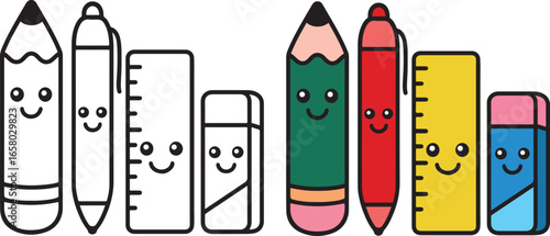 Cute cartoon school supplies illustration with smiling pencil, pen, ruler, and eraser in color and outline versions. Perfect for kids coloring books, education designs, and back to school themes.