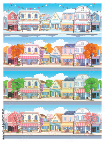 Panorama of the city in different seasons. Spring, summer, autumn, winter. Panorama street with houses, shops, cafes and  trees. Cozy street in flat cartoon style.