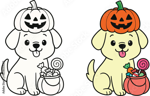 Cute Halloween puppy illustration with a pumpkin hat and candy bucket. Adorable dog in both color and outline style, perfect for coloring pages, festive designs, and holiday decorations.