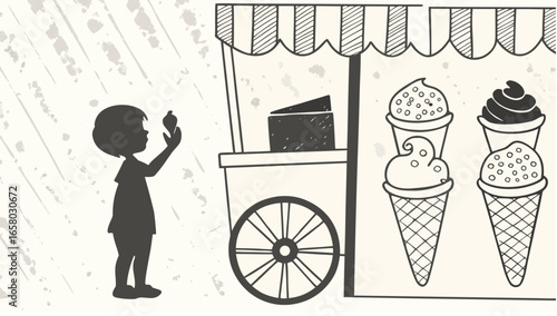 Silhouette of a child reaching for an ice cream cone at a vintage ice cream cart with striped awning