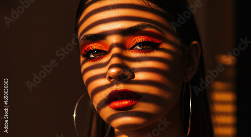 Wallpaper Mural A woman's face with orange makeup and shadows cast by blinds creating stripes across it Torontodigital.ca