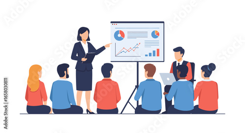 A confident female presenter leads a business meeting, explaining financial charts on a whiteboard to a diverse group of attentive colleagues.
