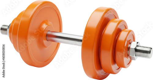A bright orange dumbbell with stacked weight plates on a silver bar isolated on black Fitness Exercise transparent background