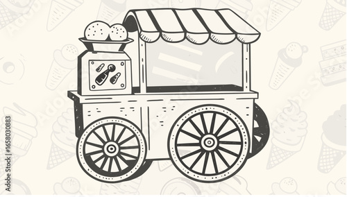 Illustration of a vintage ice cream cart with wheels and a display of ice cream scoops on top area