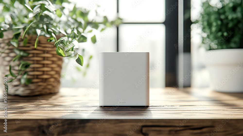 Fototapeta premium New white Wi-Fi router on wooden table indoors