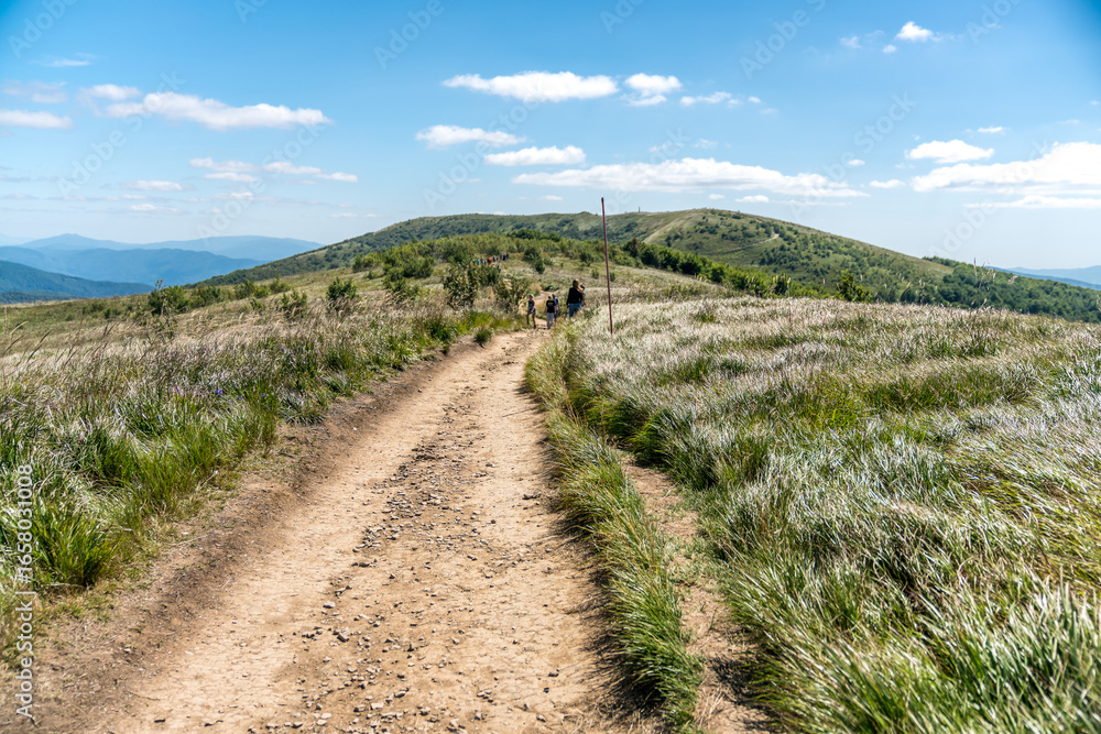 Bieszczady - Polish mountains. Tourist trail, tourist hiking summer time Bieszczady - Polish mountains. Tourist trail, tourist hiking summer time