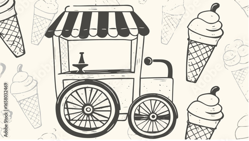 Illustration of a vintage ice cream cart with striped awning and ice cream cone background pattern design