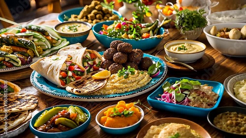 Colorful Mediterranean food spread with falafel, hummus, salads, flatbreads, and vegetables served on wooden table