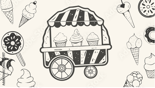 Illustration of a vintage ice cream cart surrounded by various ice cream cones and a lollipop design art