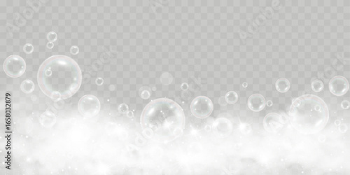 Air bubbles on a transparent background. Soap foam vector illustration.	
