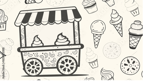 Illustration of an ice cream cart with striped awning and various ice cream cones in the background art style