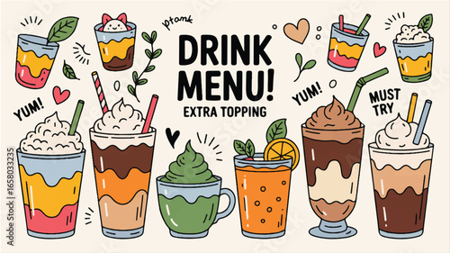 Delicious Drinks Menu with Extra Toppings, Perfect for Cafes and Food Businesses