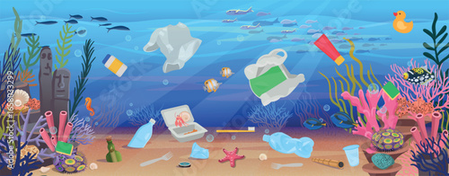 Sea Bed With garbage, plastic. Ocean plastic pollution. Seabed polluted with garbage plastic utensils, bottles, bags. Vector illustration in cartoon style.