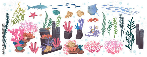 Large set of coral reef with algae tropical fish and corals. Vector illustration in cartoon style.
