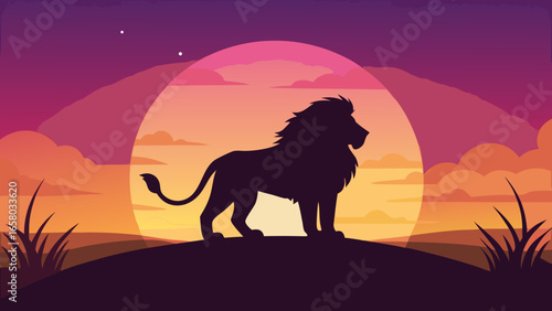 Silhouette of a lion set against a glowing sunset sky, highlighting the purple black majesty of wildlife vector illustration. 