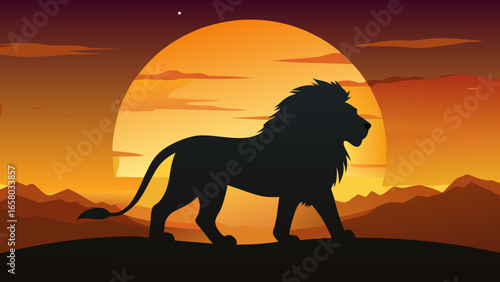 Silhouette of a lion set against a glowing sunset sky, highlighting the yellow black majesty of wildlife vector illustration. 
