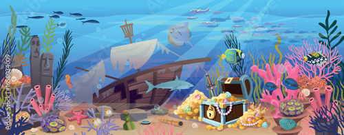 Seabed with a broken sunken ship and a chest of gold. Large set of coral reef with algae tropical fish and corals. Vector illustration in cartoon style.
