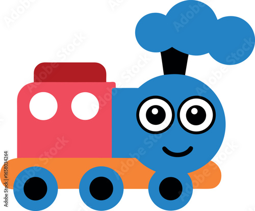 Cute toy train engine with puffing smoke in cheerful cartoon design Vector illustration
