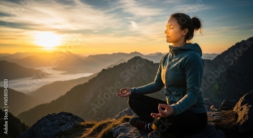 Woman meditating atop mountain peak at sunrise.  Vast landscape of misty mountains stretches out