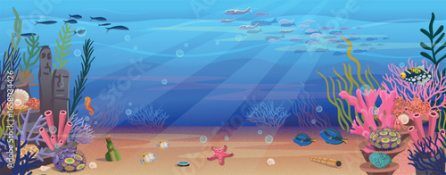 Seabed With space for text in the center. Large set of coral reef with algae tropical fish and corals. Vector illustration in cartoon style.