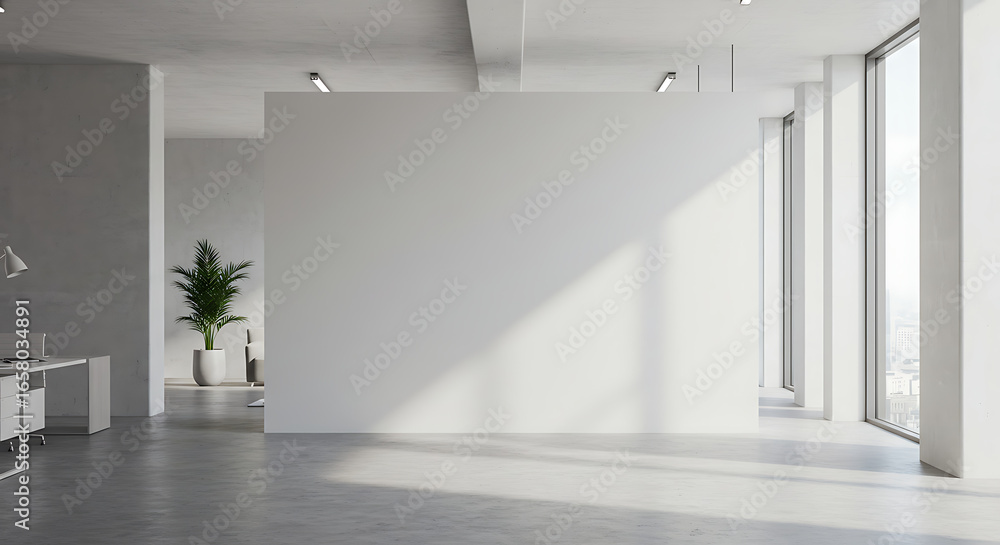 Obraz premium Bright, minimalist office interior with large windows and a blank white wall.