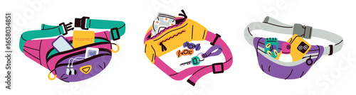 Waist bag accessories. Colorful trendy outfit elements, documents, keys, and small items, bright pockets, zippers, casual handbags cartoon flat style isolated garish vector concept