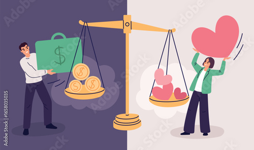 Scales with people. Money or love choice, weight measurement process, mechanical scales with hanging bowls, judging, relationship and career, cartoon flat isolated garish vector concept