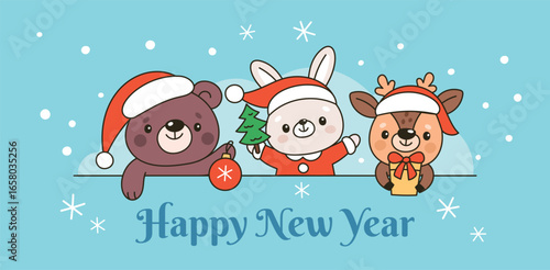 Peeking animals christmas poster. Happy new year greeting, little cute bear, bunny and deer in santa hats, kids card, xmas tree and present cartoon flat isolated garish vector concept