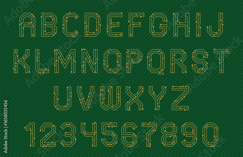 Circuit font. Techno elements alphabet, microcircuits letters and numbers, minimal futuristic typography, digital chip, lines and dots, digital electric scheme nowaday vector set