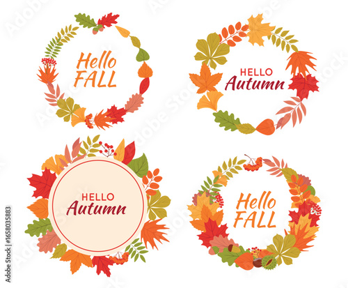 Autumn leaves round frames. Cute falling hello season wreaths, decorative circle foliage elements, cozy design with plants, cards and posters graphic objects, splendid vector isolated set