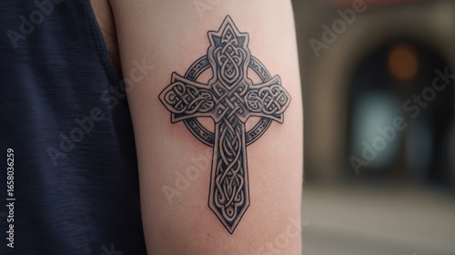 Close-up of a detailed Celtic cross tattoo on a person's arm.