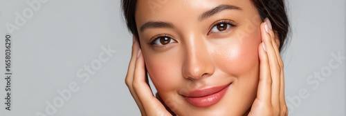 radiant skin portrait of young woman with natural glowing beauty and gentle smile, flawless complexion and elegant charm highlighted in radiant skin portrait studio photography