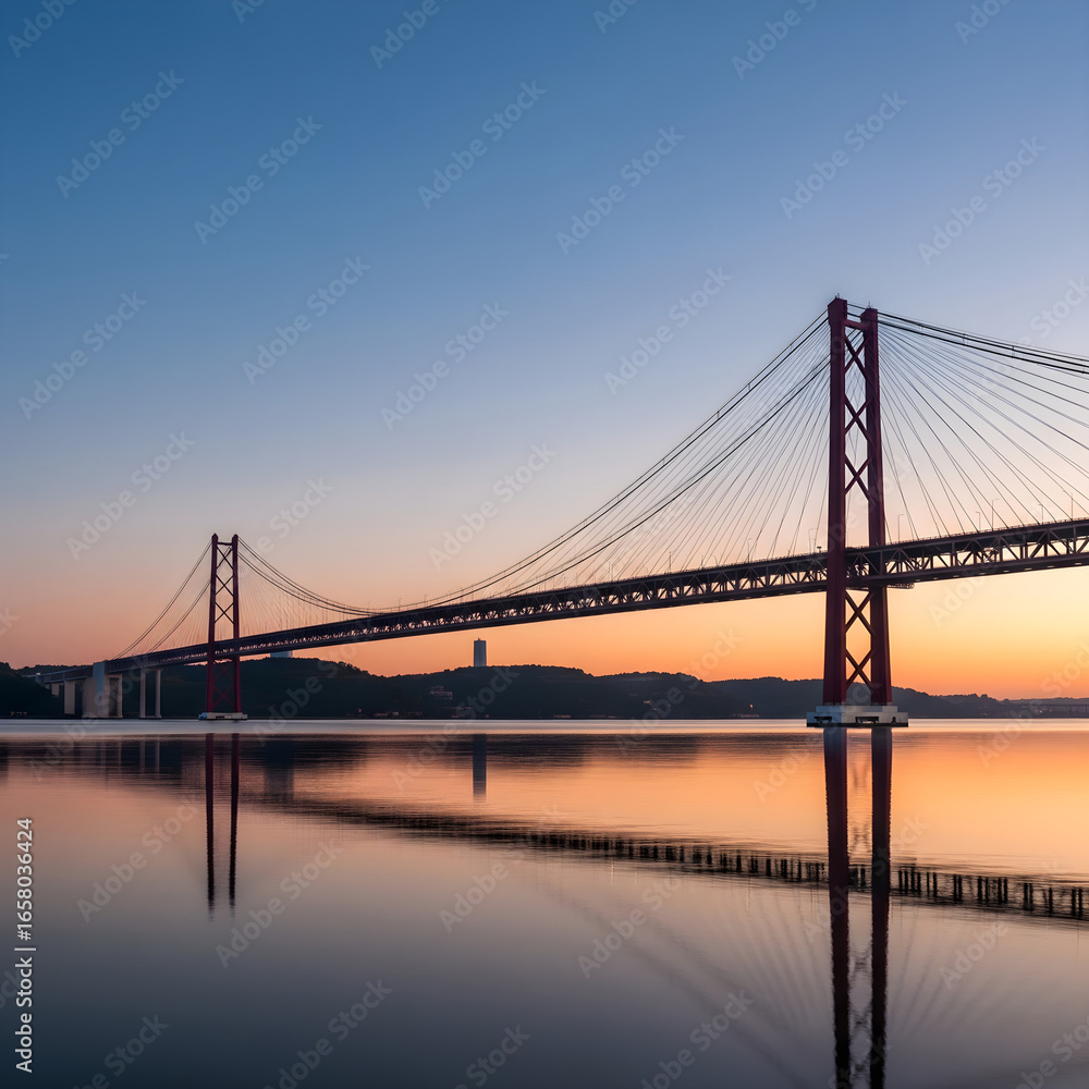 A calm and reflective sunset view of the 25 de Abril Bridge over the Tagus River in Lisbon A calm and reflective sunset view of the 25 de Abril Bridge over the Tagus River in Lisbon